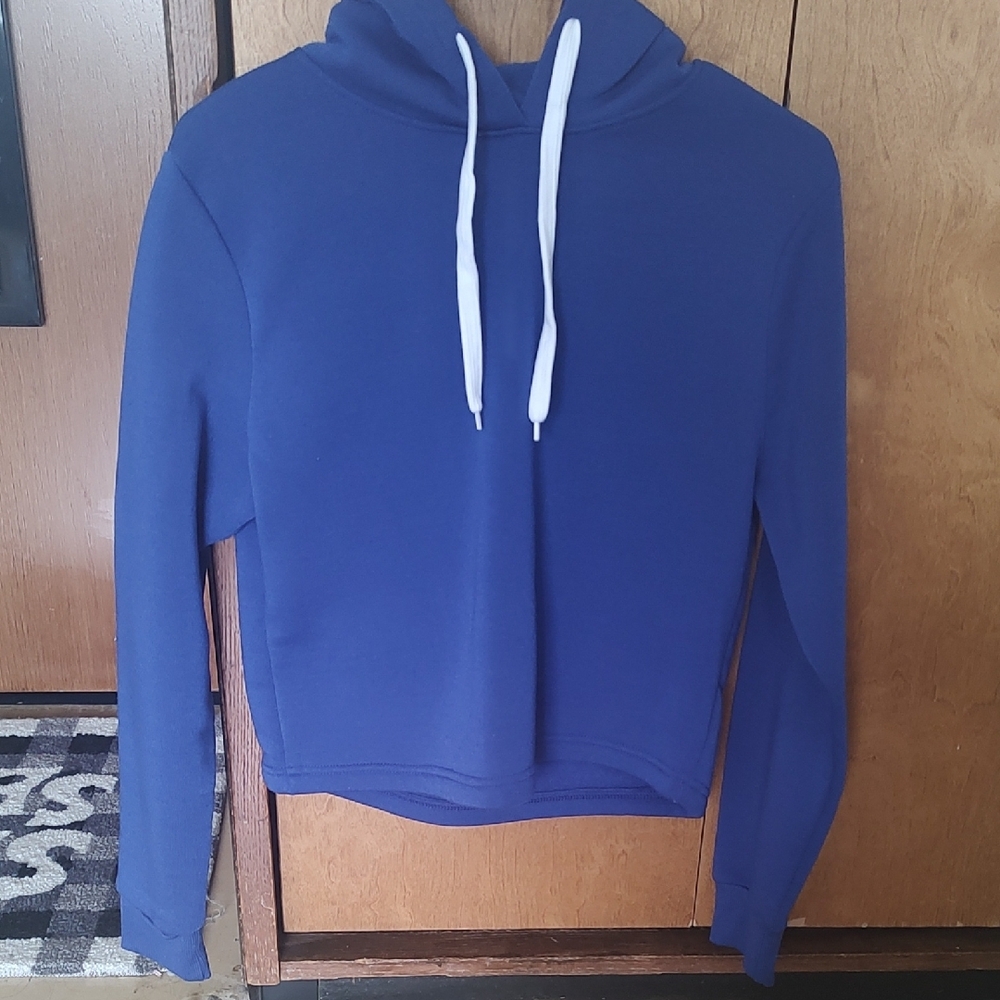 Blue Hoodie with White Drawstrings